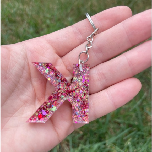Confetti Cannon Pink Letter K Initial Keychain Handmade With Resin - Picture 6 of 6